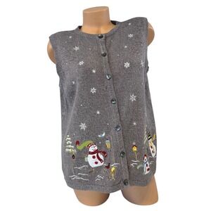 Breckenridge Womens LARGE PETITE Gray Christmas Snowman Embroidered Sweater Vest